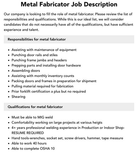 metal fabrication opportunities|metal fabricator job description.